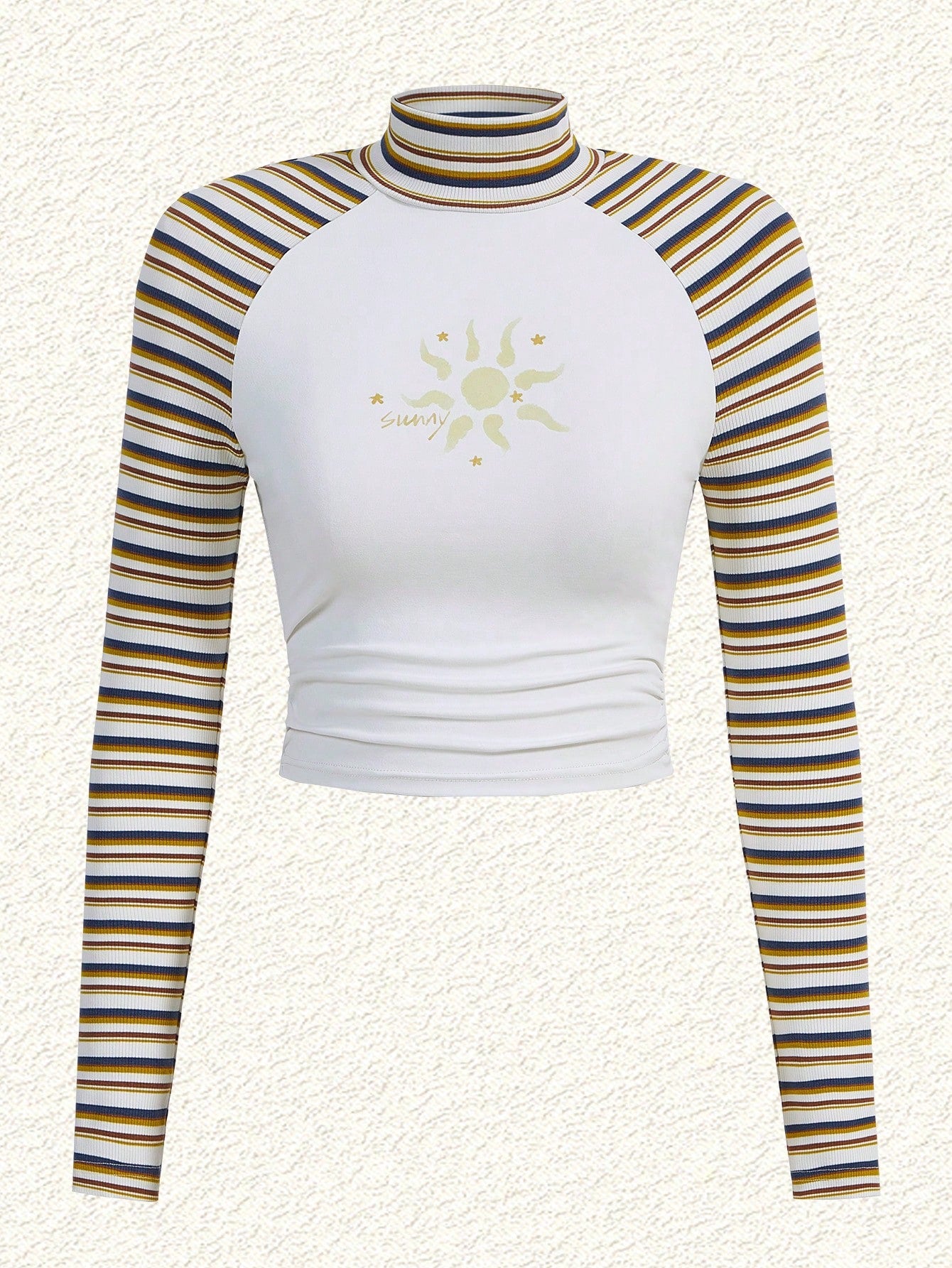 Patchwork Striped Turtle Neck Top With Raglan Sleeves