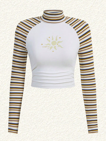 Patchwork Striped Turtle Neck Top With Raglan Sleeves