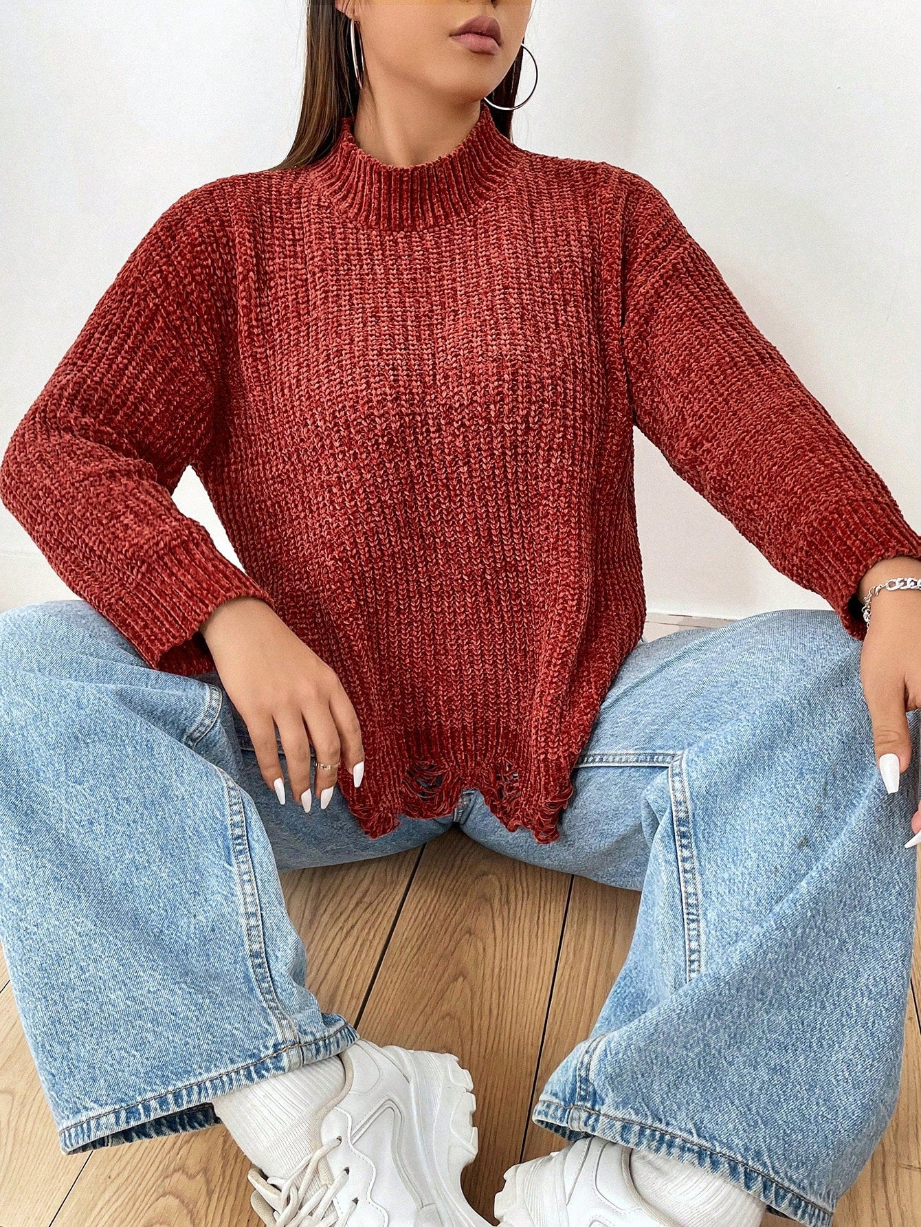 Plus Size Stand Collar Ripped Hem Chenille Sweater