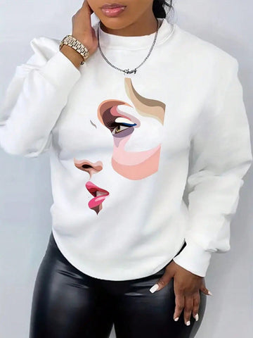 Plus Size Women's Sweatshirt With Figure Print And Fleece Lining