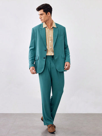 Men's Casual Solid Woven Lapel Neck Loose Blazer & Suit Pants Two-Piece Set