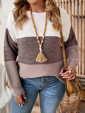 Plus Size Drop Shoulder Color-Block Sweater