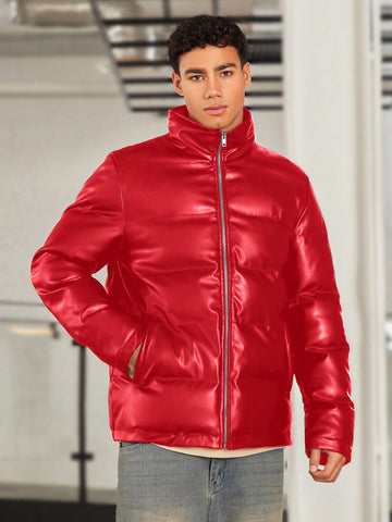 Men's Casual Loose Fit Pu Leather Puffer Coat