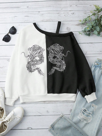 Women's Irregular Neck Printed Dragon Sweatshirt