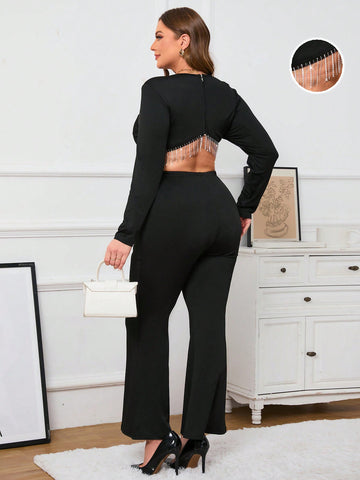 Plus Size Elegant Jumpsuit With Hollow Out And Rhinestone Embellished Open Back