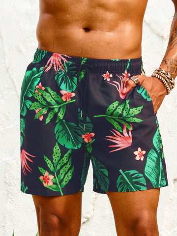 Men's Tropical Printed Elastic Waist Beach Shorts