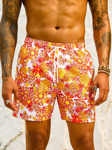 Men's Beach Shorts With Floral Print And Drawstring Waist