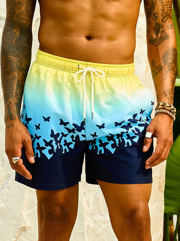 Men's Gradient Color Drawstring Waist Beach Shorts With Butterfly Print