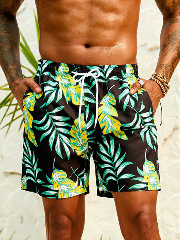 Men's Tropical Printed Drawstring Waist Beach Shorts
