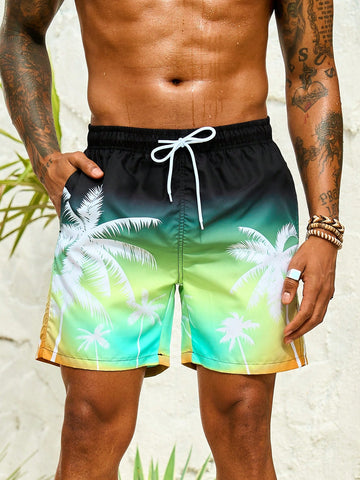 Men's Tropical Print Ombre Drawstring Waist Beach Shorts