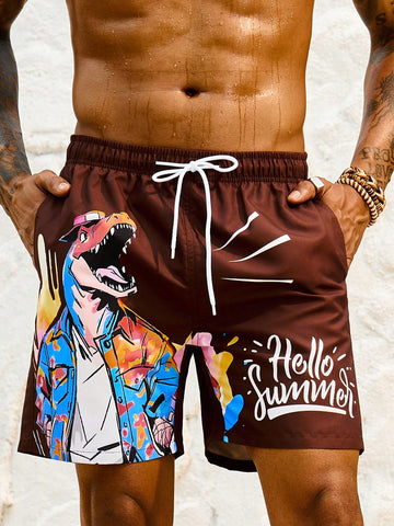 Men's Drawstring Waistband Beach Shorts With Dinosaur & Letter Print