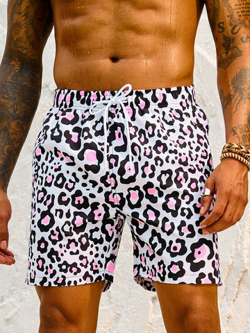 Men's Leopard Print Drawstring Waist Beach Shorts
