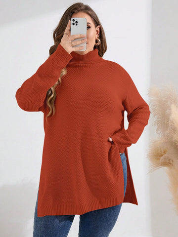 Plus Size Turtleneck Solid Color Side Slit Sweater