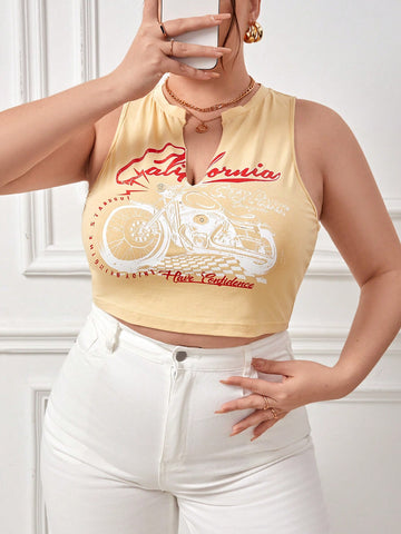 Plus Size Motorcycle & Letter Print Tank Top For Summer