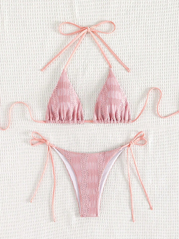 Embroidered Triangle Cup Bikini Set With Tie-knot Side And Hollow Out Details
