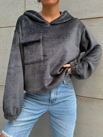 Women'S Solid Color Drop Shoulder Hooded Plush Sweatshirt