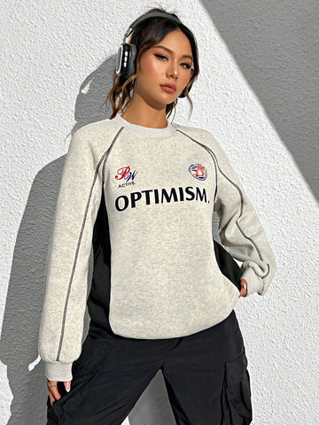 Letter Printed Contrast Stitching Sweatshirt With Decorative Edge