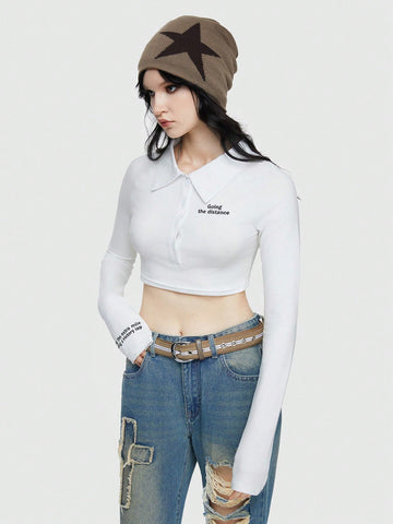 Letter Embroidery Long Sleeve Crop Polo T-Shirt