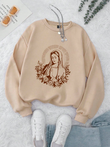 Women'S Drop Shoulder Crewneck Printed Sweatshirt With Character & Floral Pattern And Fleece Lining