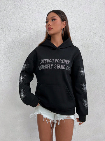 Women's Hooded Sweatshirt With Rhinestone Slogan