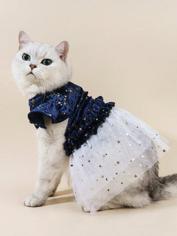 Blue & White Mesh Princess Dress With Star Pattern, Pet Skirt
