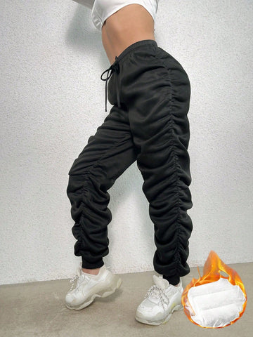 Solid Drawstring Waist Ruched Sweatpants