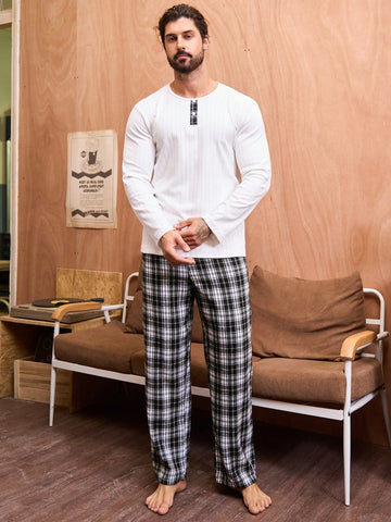 Men's Plaid Long Sleeve Top And Pants Homewear Set