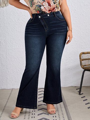Plus Size Water Wash Flared Jeans With Staggered Waist