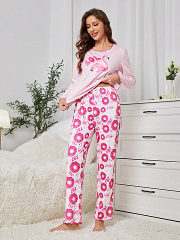 Women's Sweet Donut & Flamingo Printed Pajama Set Mommy And Me Matching Outfits (2 Sets Are Sold Separately)
