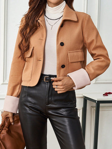 Women's Contrast Color Lapel Collar Long Sleeve Woolen Coat