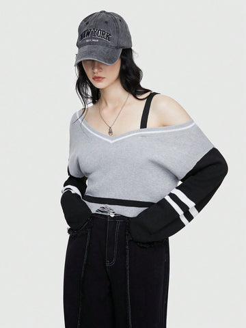 College Style Color Block V-Neck Sweater With Drop Shoulder And Long Sleeves