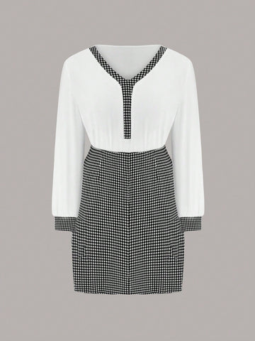 Plus Size Women'S Houndstooth Long Sleeve Top And Skirt Set