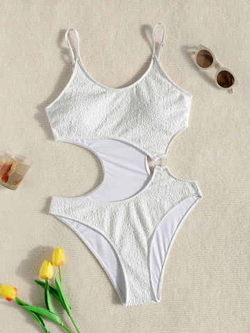 Solid Color Hollow Out One-piece Swimsuit With Spaghetti Straps