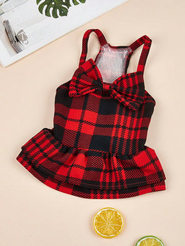 Red And Black Plaid Ribbon Strap Vest Dress With Bowknot For Pets