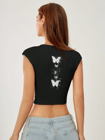 Women's Butterfly Printed T-Shirt With Back Cutout