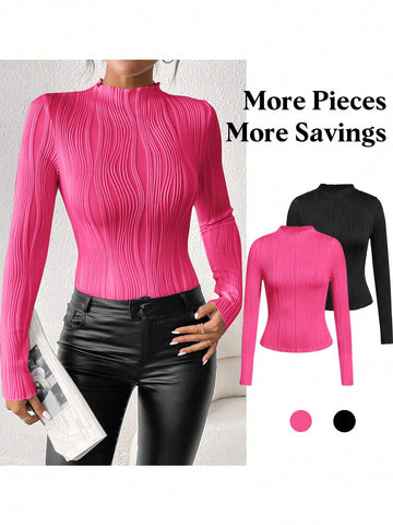 Solid Color Half High Neck Slim Fit Long Sleeve Tee