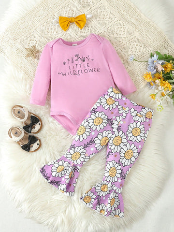 Baby Girls' Letter Printed Jumpsuit And Floral Bell Bottom Pants Set