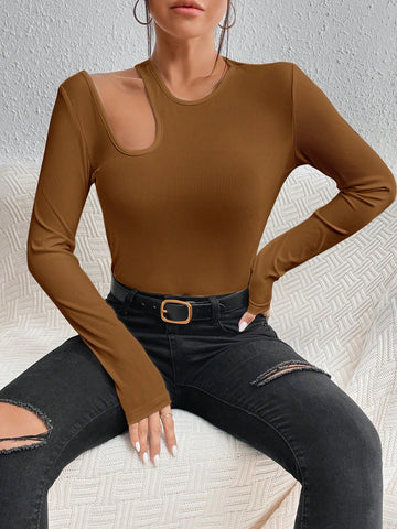 Hollow Solid Color Tight Long Sleeve T-shirt