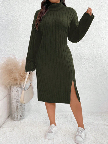 Plus Size Solid Color High Collar Side Split Sweater Dress