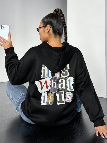Plus Size Casual Hooded Pullover Sweatshirt With Letter Print