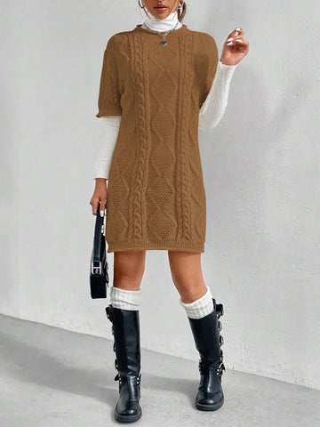 Short Sleeve Cable Knit Casual Sweater Dress
