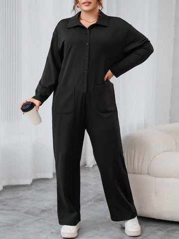 Plus Size Solid Color Long Sleeve Jumpsuit With Button Closure For Casual Wear
