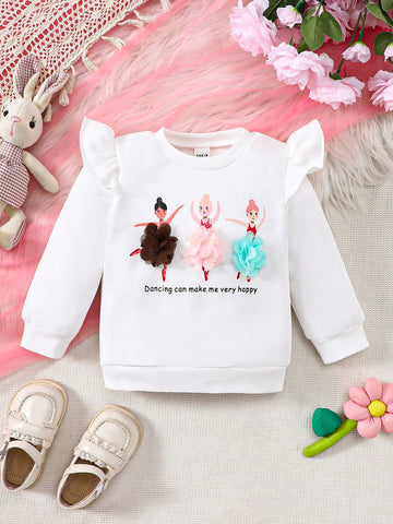 Baby Girls' Fashionable Sweatshirt With Ruffle Trimmed Round Neckline