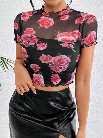 Ladies' Rolled Hem Rose Floral Mesh Top, Perfect For Romantic Valentine's Date