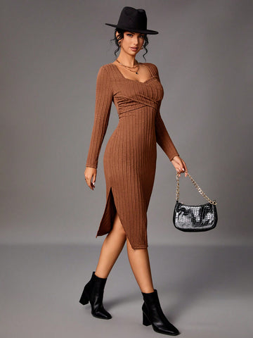 Women'S Bodycon Long Sleeve Ribbed Knit Dress
