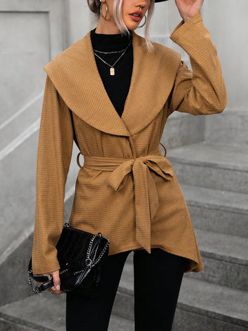 Solid Color Belted Coat With Oversized Lapel