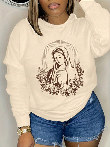 Women'S Round Neck Loose Fit Long Sleeve Flower & Virgin Mary Printed Fleece Sweatshirt