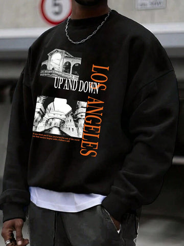 Men'S Round Neck Long Sleeve Casual Sweatshirt With Text And Graphic