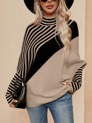 Women's Striped Color Block Stand Collar Batwing Sleeve Sweater