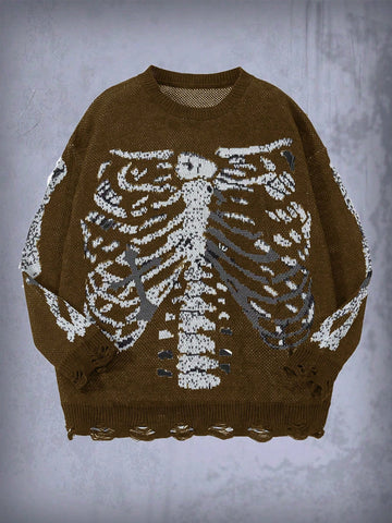 Plus Size Skull Skeleton Pattern Round Neck Sweater